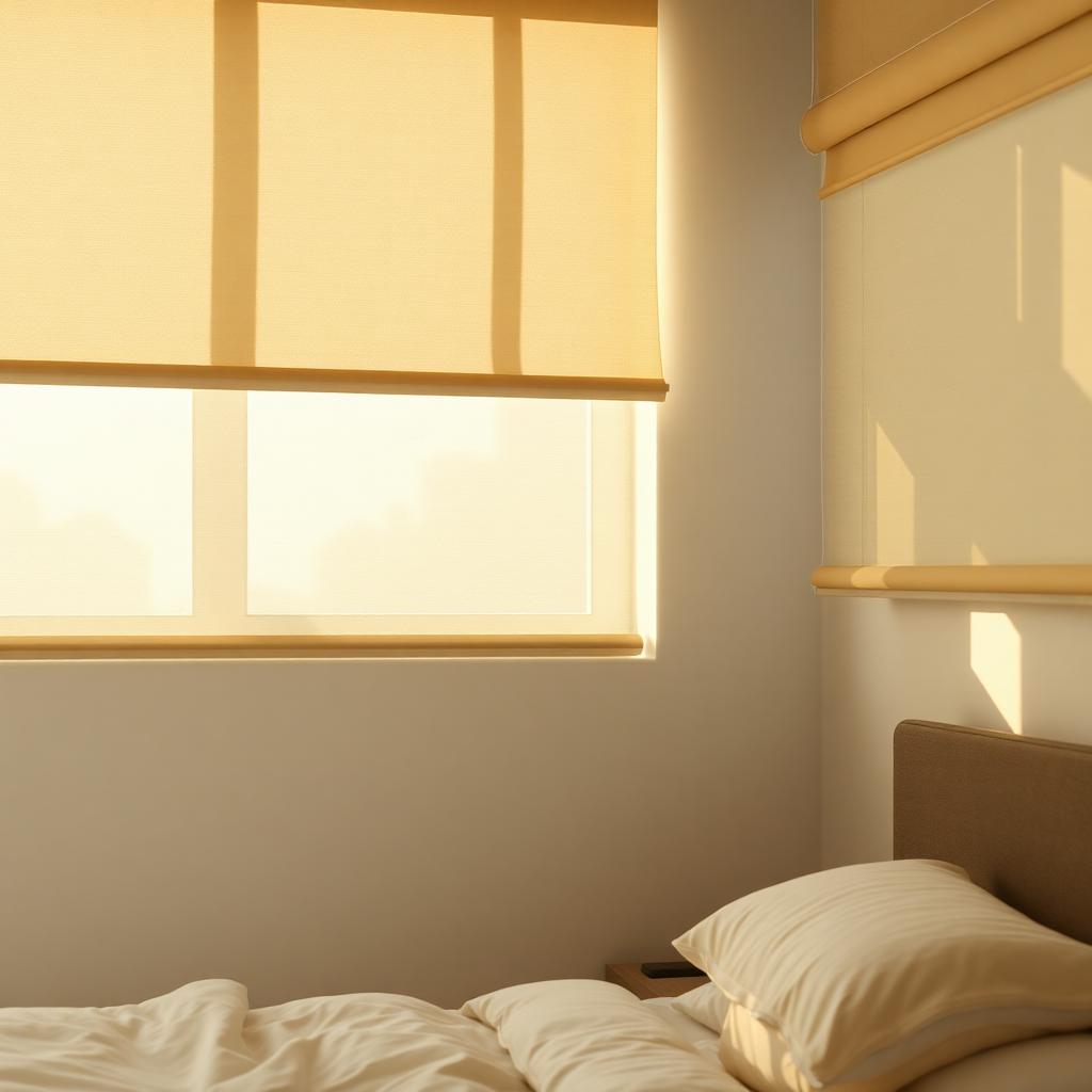 Warm morning light through motorized shades
