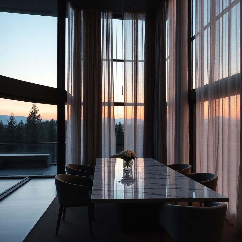 Belgian linen ripple-fold drapery at dusk